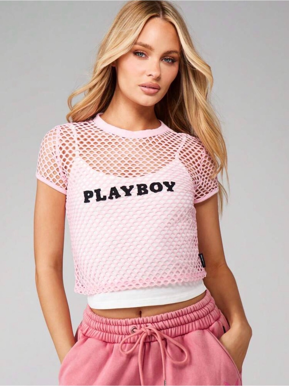 PLAYBOY Pink Mesh Logo Crop Top